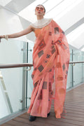 Pink Banarasi Silk Printed Tissue Saree With Blouse Piece