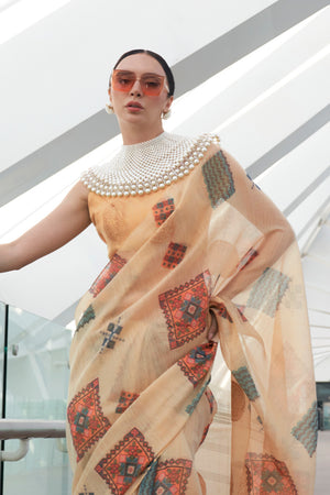 Cream Banarasi Silk Printed Tissue Saree With Blouse Piece