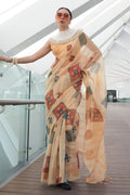 Cream Banarasi Silk Printed Tissue Saree With Blouse Piece