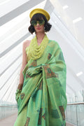 Mint Green Banarasi Silk Printed Tissue Saree With Blouse Piece