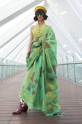 Mint Green Banarasi Silk Printed Tissue Saree With Blouse Piece