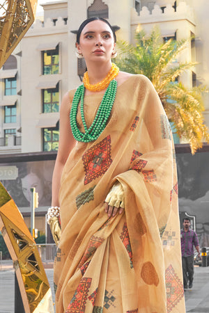 Light Orange Banarasi Silk Printed Tissue Saree With Blouse Piece