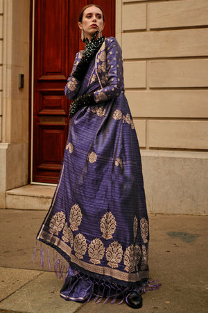 Navy Blue Satin Silk Saree