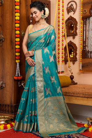 Teal Green Organza Saree