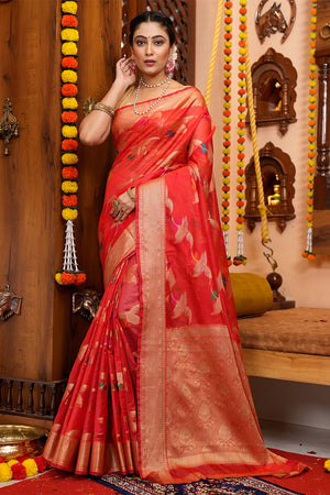 Taffy Red Organza Saree