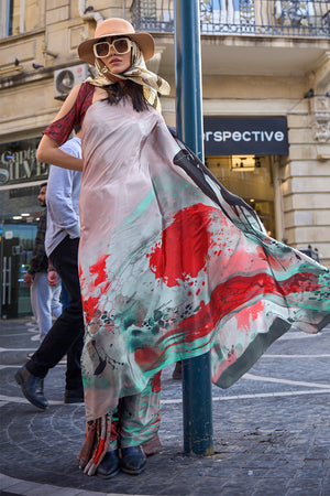 Multicolor Silk Digital Printed Saree With Blouse Piece