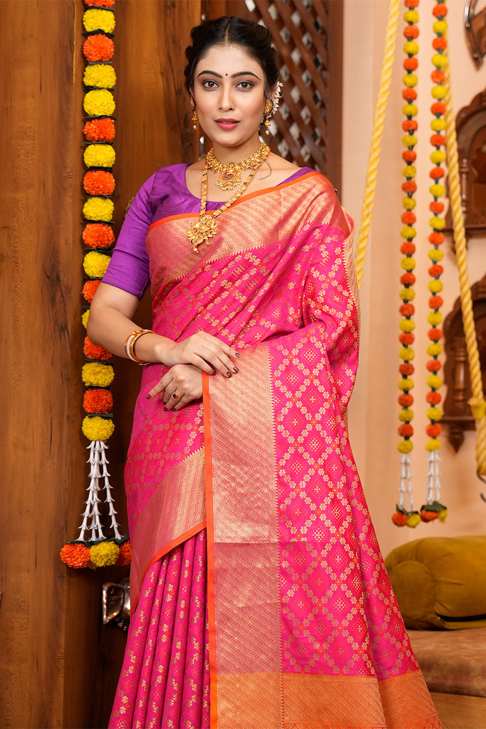 Hot Pink Silk Kanjivaram Saree