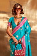 Teal Blue Banarasi Silk Saree With Blouse Piece