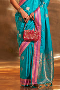 Teal Blue Banarasi Silk Saree With Blouse Piece