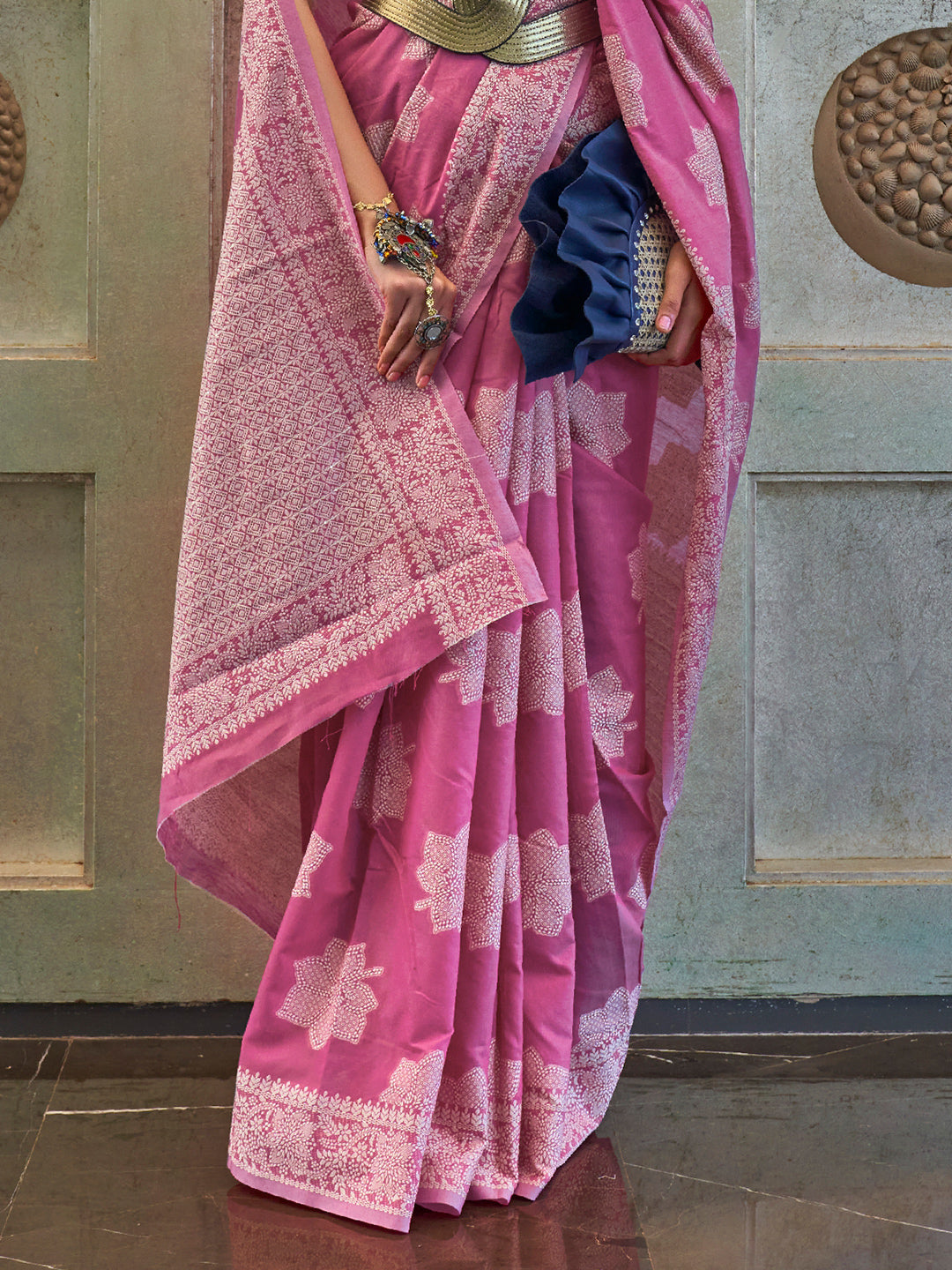 Rose Pink Cotton Lucknawi Saree