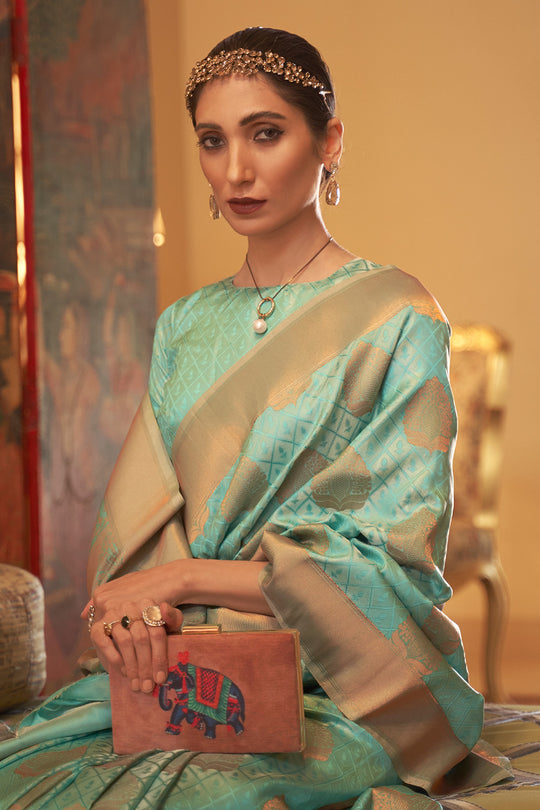 Cyan Blue Banarasi Saree