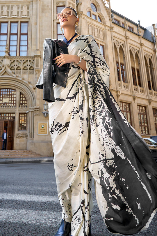 Black And White Digital Printed Saree