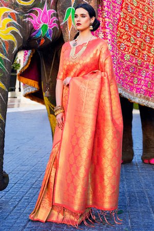 Womens Kanjivaram Silk Orange Gold Saree With Blouse Piece