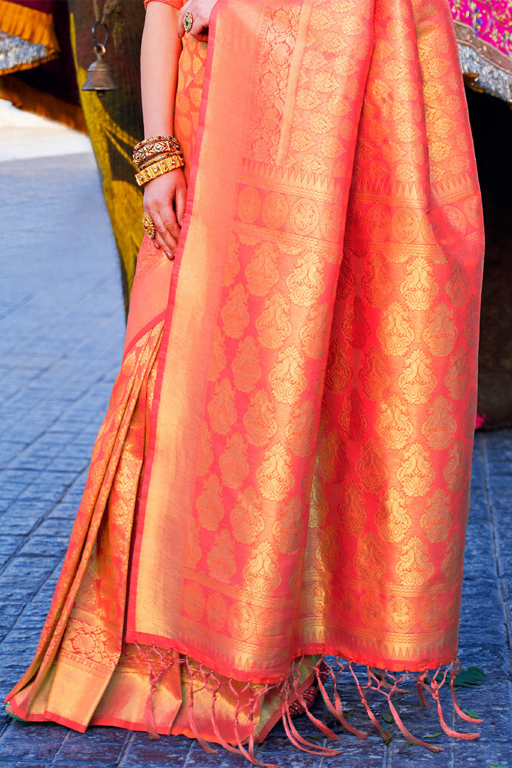 Womens Kanjivaram Silk Orange Gold Saree With Blouse Piece