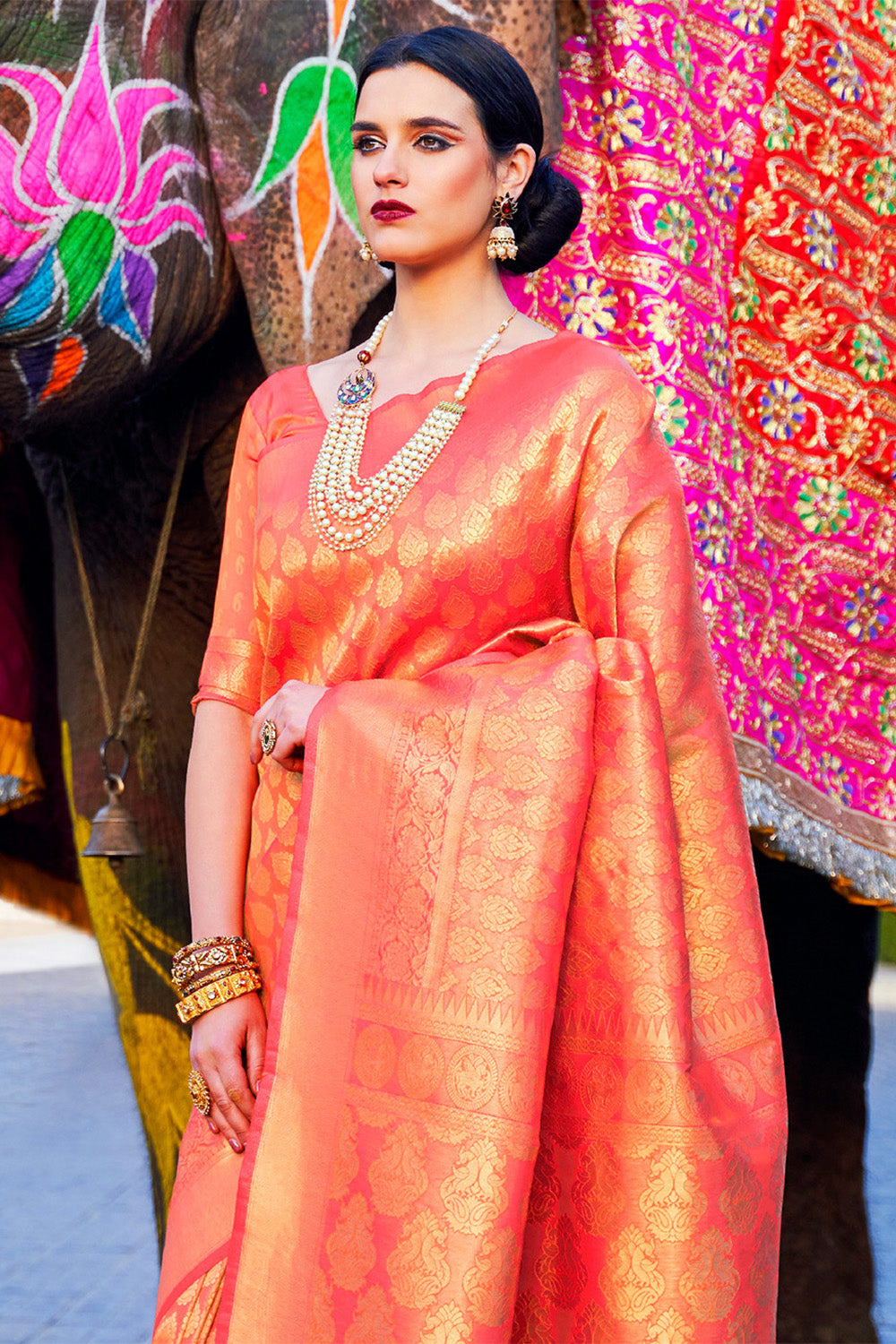 Womens Kanjivaram Silk Orange Gold Saree With Blouse Piece