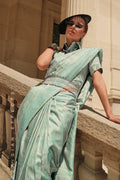 Blue Satin Silk Saree With Blouse Piece