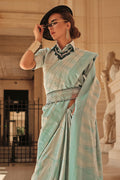 Blue Satin Silk Saree With Blouse Piece