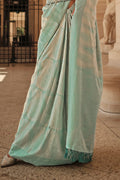 Blue Satin Silk Saree With Blouse Piece