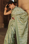 Green Satin Silk Saree With Blouse Piece