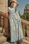 Teal Blue Satin Silk Saree With Blouse Piece