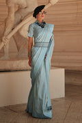 Teal Blue Satin Silk Saree With Blouse Piece