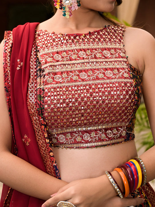 Multi Color Dull Satin Lehenga Choli