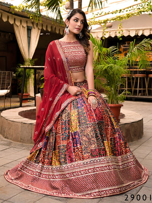 Multi Color Dull Satin Lehenga Choli