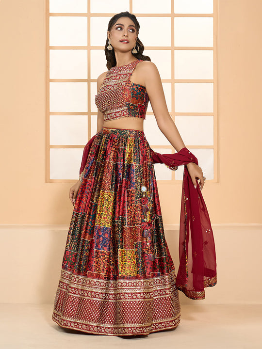 Multi Color Dull Satin Lehenga Choli
