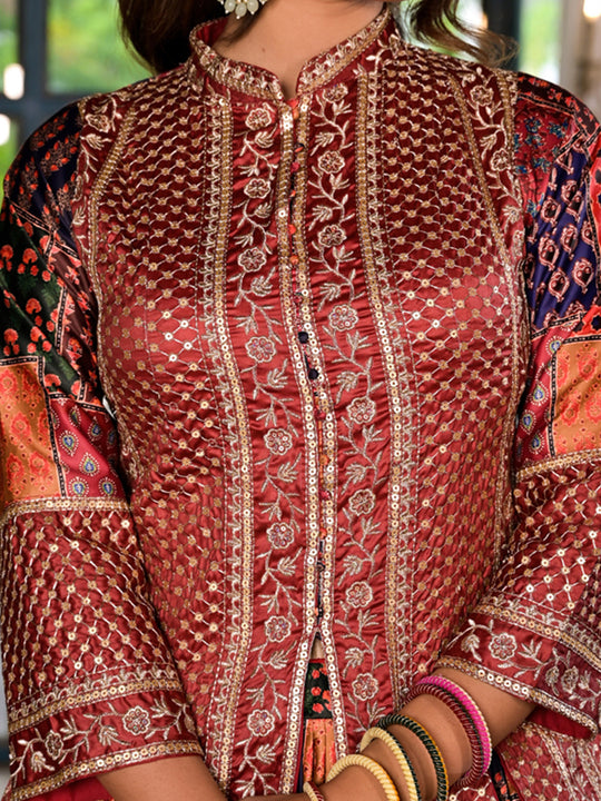 Multi Color Dull Satin Lehenga Choli