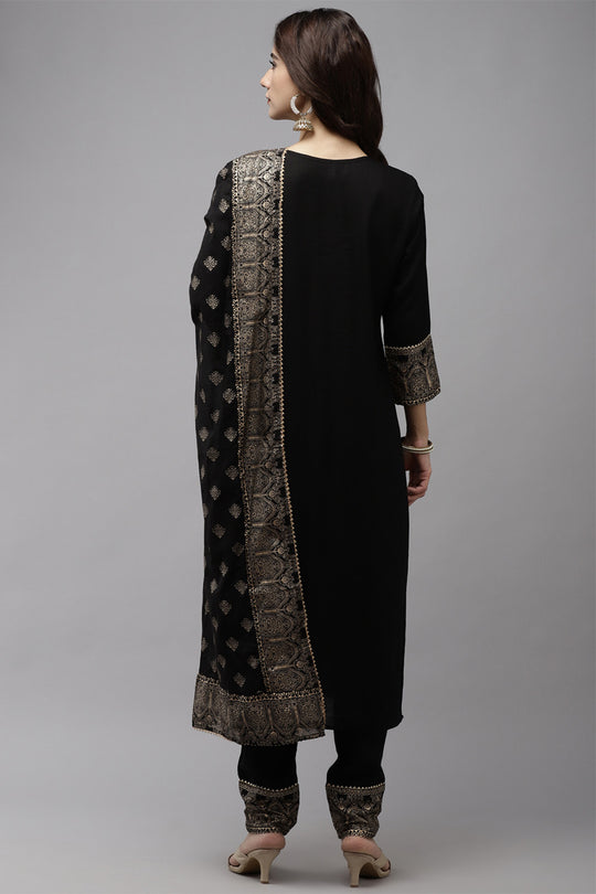 Women's Rayon Black Kurta Trouser Dupatta Set