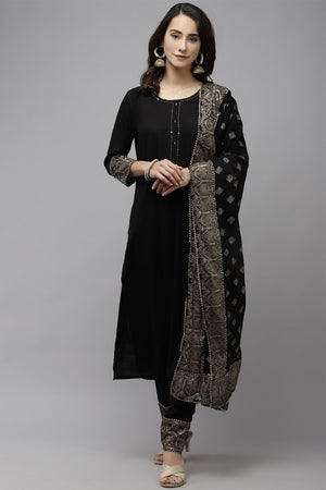 Women's Rayon Black Kurta Trouser Dupatta Set