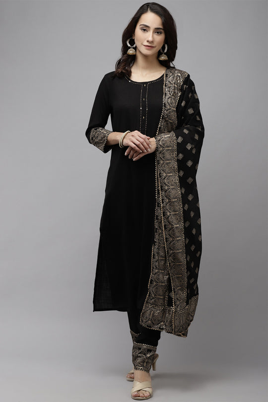 Women's Rayon Black Kurta Trouser Dupatta Set