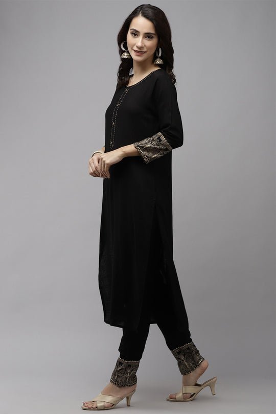 Women's Rayon Black Kurta Trouser Dupatta Set