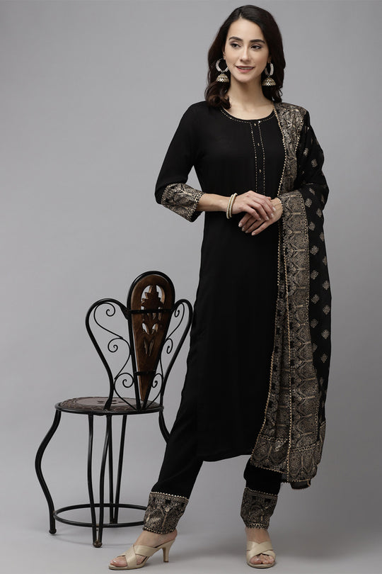 Women's Rayon Black Kurta Trouser Dupatta Set