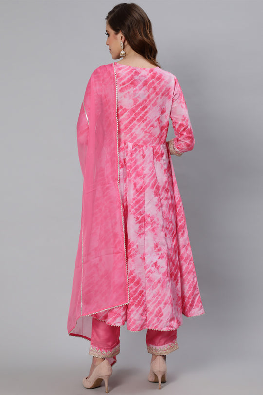 Women's Silk Tie & Dye Anarkali Kurta Trouser Dupatta Set