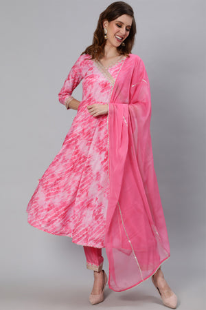 Women's Silk Tie & Dye Anarkali Kurta Trouser Dupatta Set