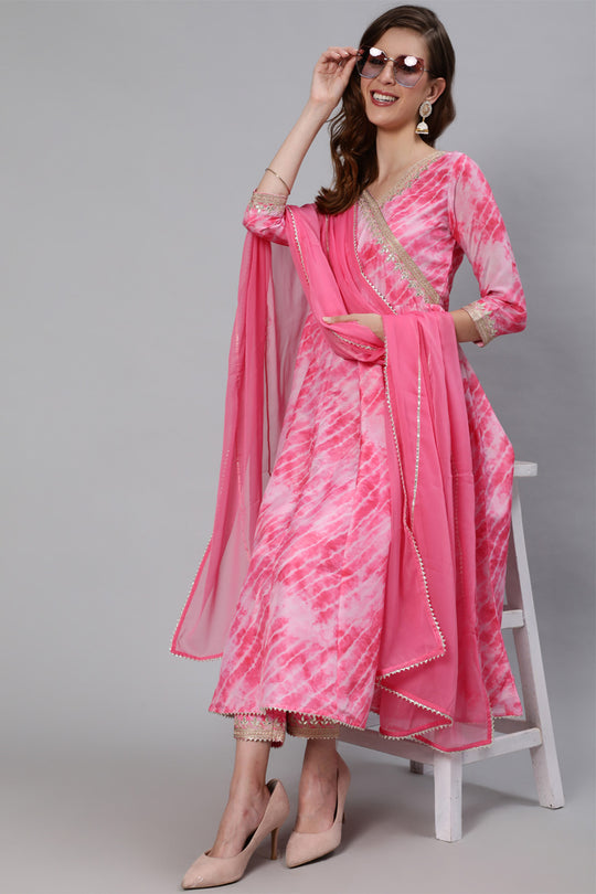 Women's Silk Tie & Dye Anarkali Kurta Trouser Dupatta Set