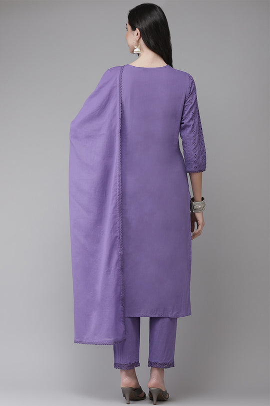 Women's Cotton Purple Kurta Trouser Dupatta Set