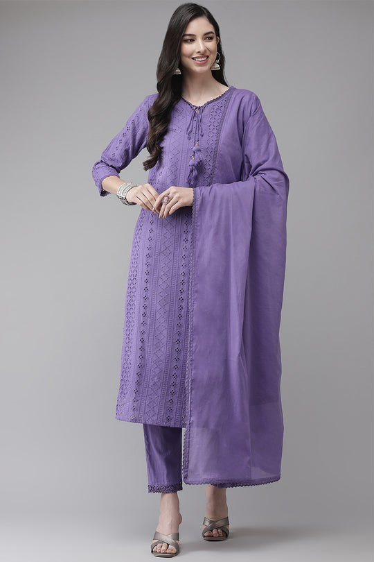 Women's Cotton Purple Kurta Trouser Dupatta Set