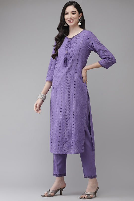 Women's Cotton Purple Kurta Trouser Dupatta Set