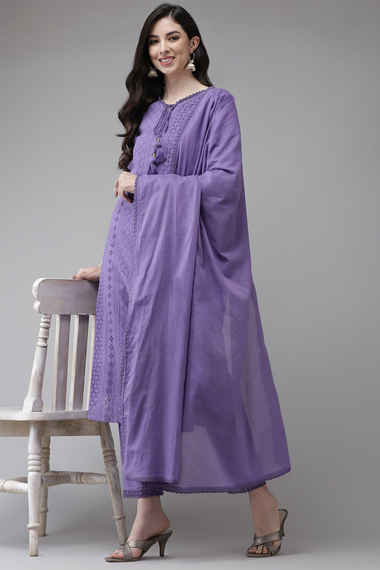 Women's Cotton Purple Kurta Trouser Dupatta Set