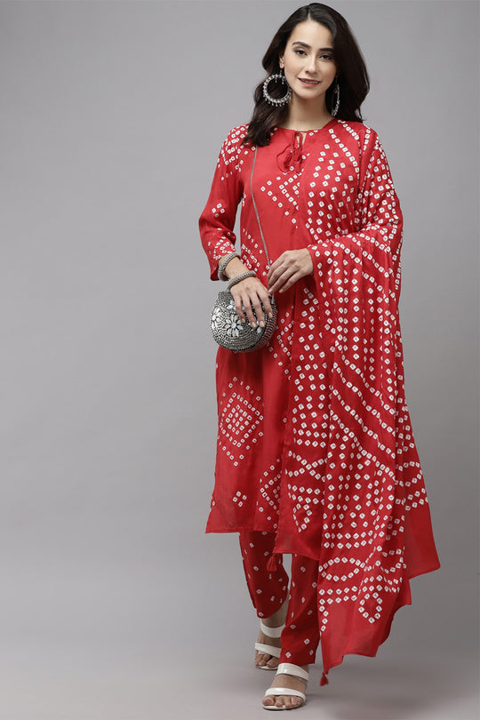 Women's Red Bandhani Kurta Set
