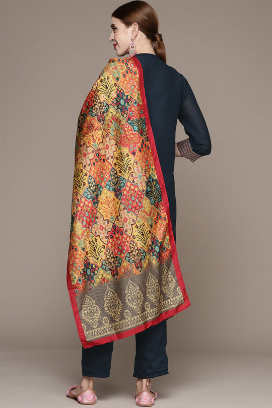 Women Teal Blue & Red Kurta with Trousers & Dupatta