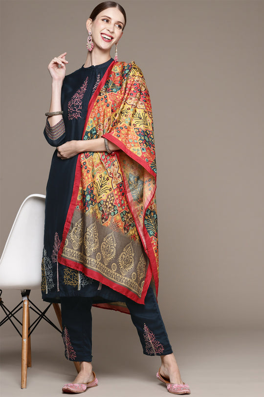 Women Teal Blue & Red Kurta with Trousers & Dupatta