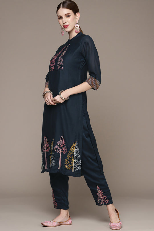 Women Teal Blue & Red Kurta with Trousers & Dupatta