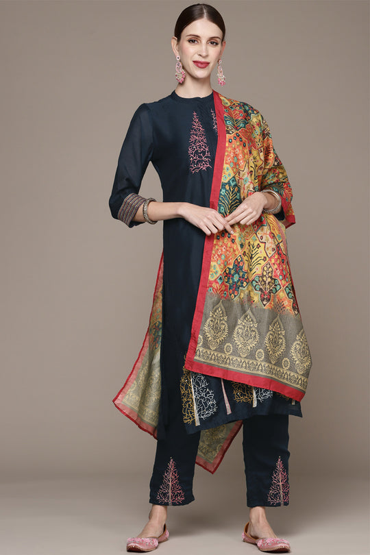 Women Teal Blue & Red Kurta with Trousers & Dupatta
