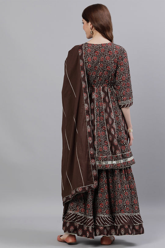 Women's Cotton Brown Kurta Sharara Dupatta Set