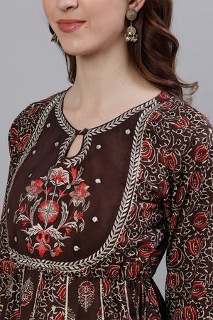 Women's Cotton Brown Kurta Sharara Dupatta Set