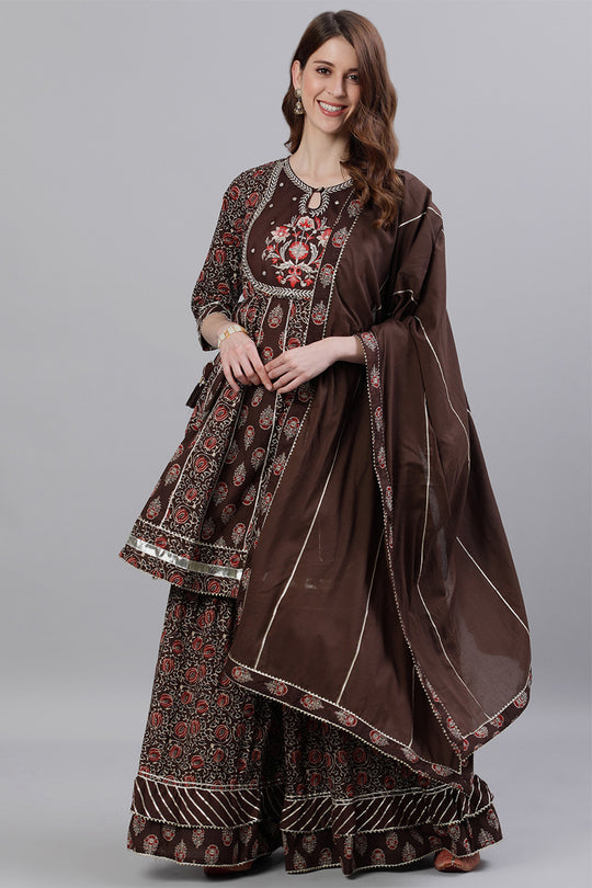 Women's Cotton Brown Kurta Sharara Dupatta Set