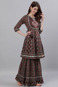 Women's Cotton Brown Kurta Sharara Dupatta Set